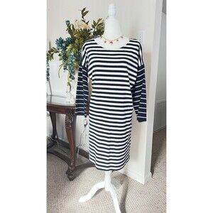 J.CREW Nautical Striped Shift Dress Large L Navy Blue White Cotton 3/4 Sleeve